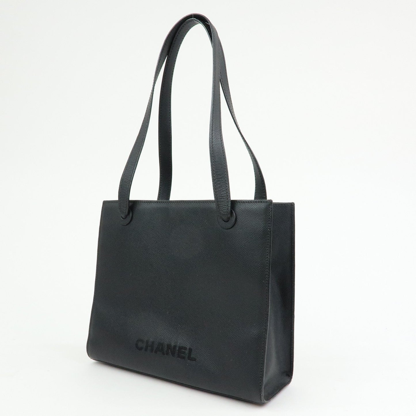 CHANEL Logo Calf Leather Tote Bag Shoulder Bag Hand Bag Black