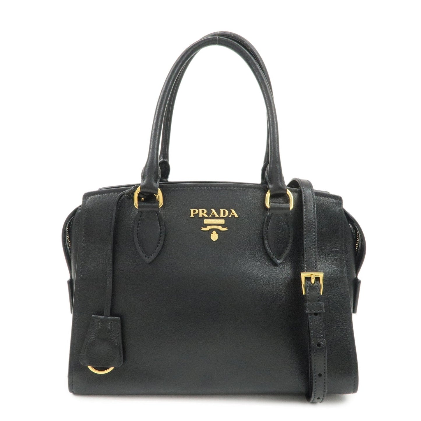 PRADA Leather 2Way Bag Hand Bag Black Gold Hardware  d