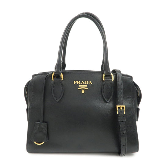 PRADA Leather 2Way Bag Hand Bag Black Gold Hardware  d