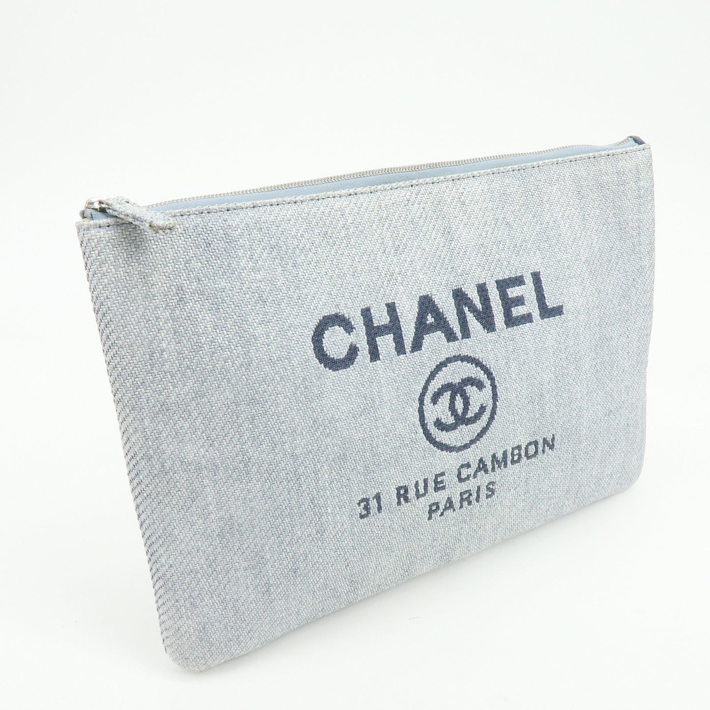 CHANEL Deauville COCO Mark Straw Clutch Bag Pouch Gray A80117