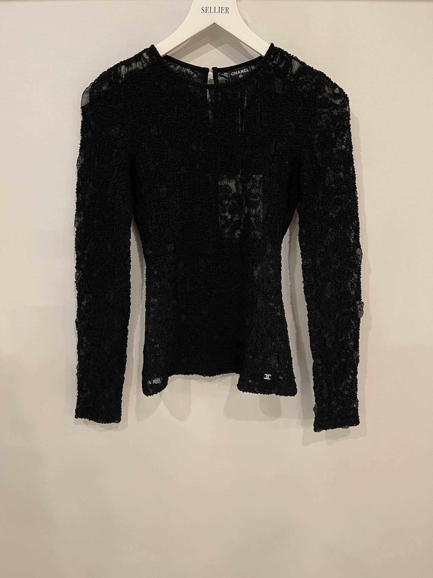 Chanel Black Lace Tulle Top and Cyclist Shorts Set with Camelia Details and Crystal CC Logos Size FR 34 (UK 6)