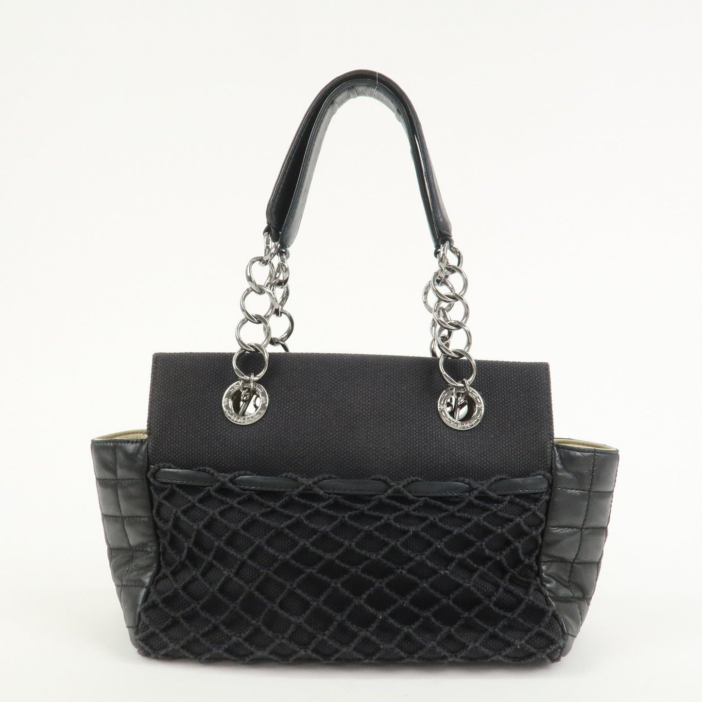 CHANEL Chocolate Bar Lamb Skin Canvas Shoulder Bag Hand Bag Black