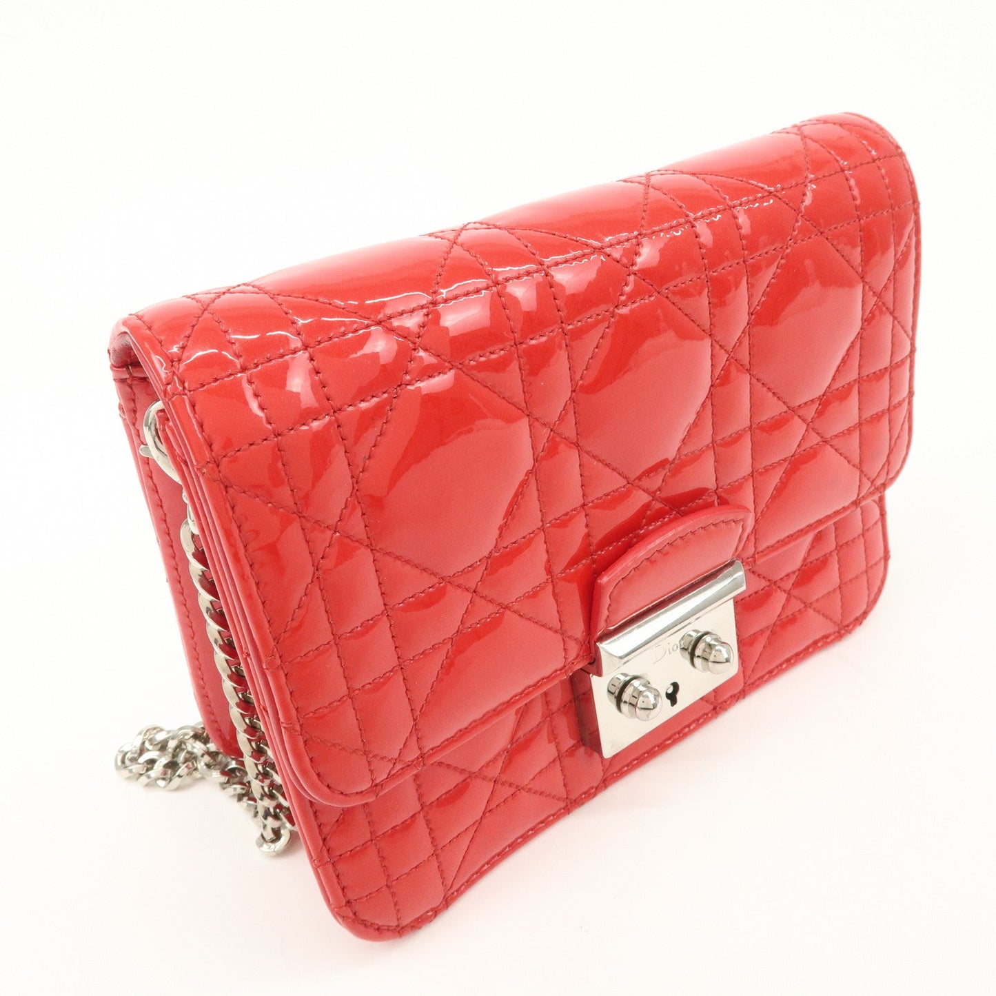 Christian Dior Cannage Patent Leather Chain Shoulder Bag COW Red  d