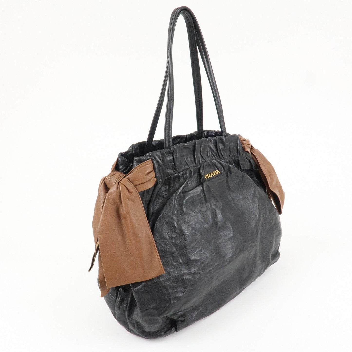 PRADA Leather Ribbon Shoulder Bag Hand Bag Black Brown  d