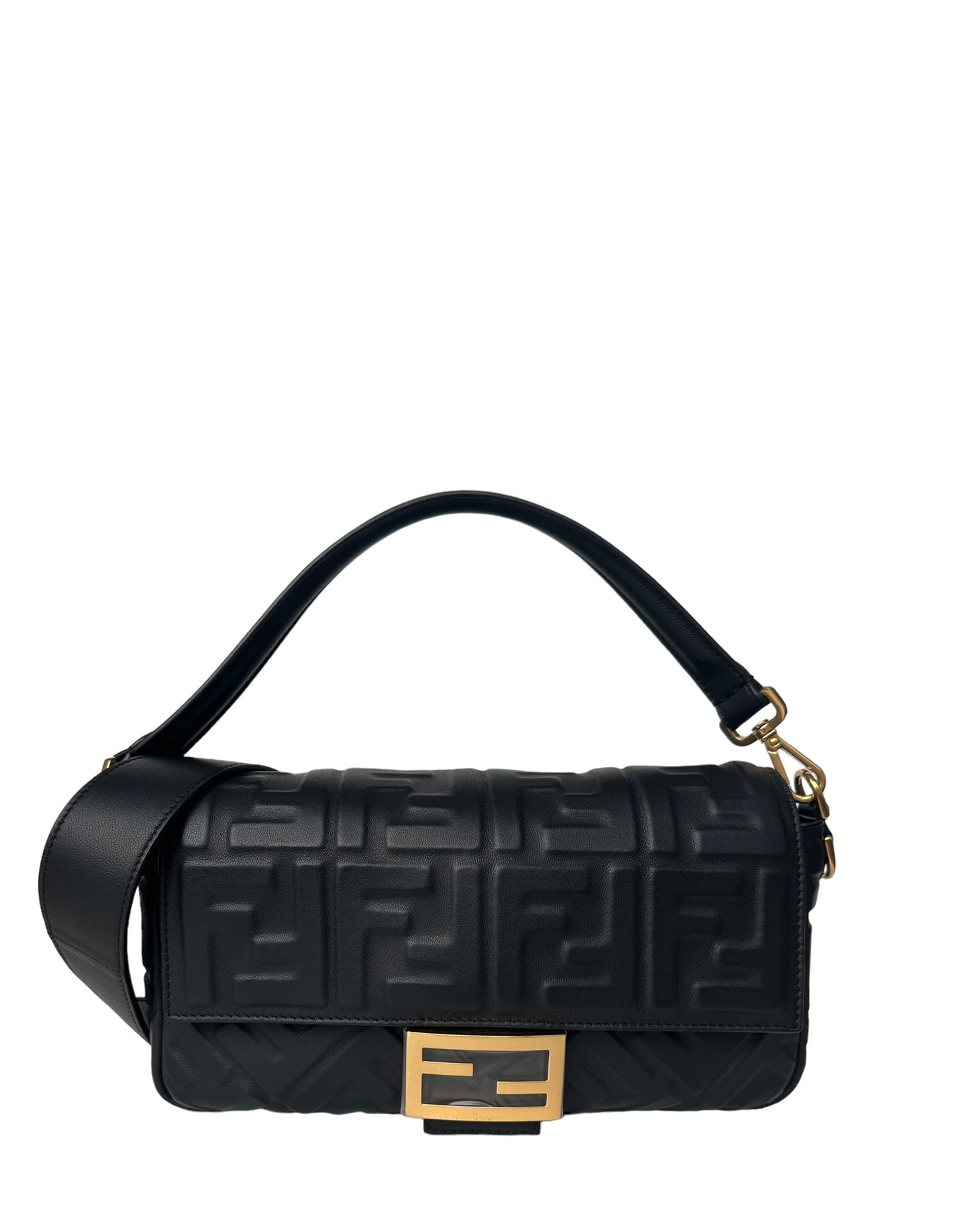 Fendi Black Nappa Embossed Logo FF 1974 Medium Baguette NM Bag w/ Two Straps