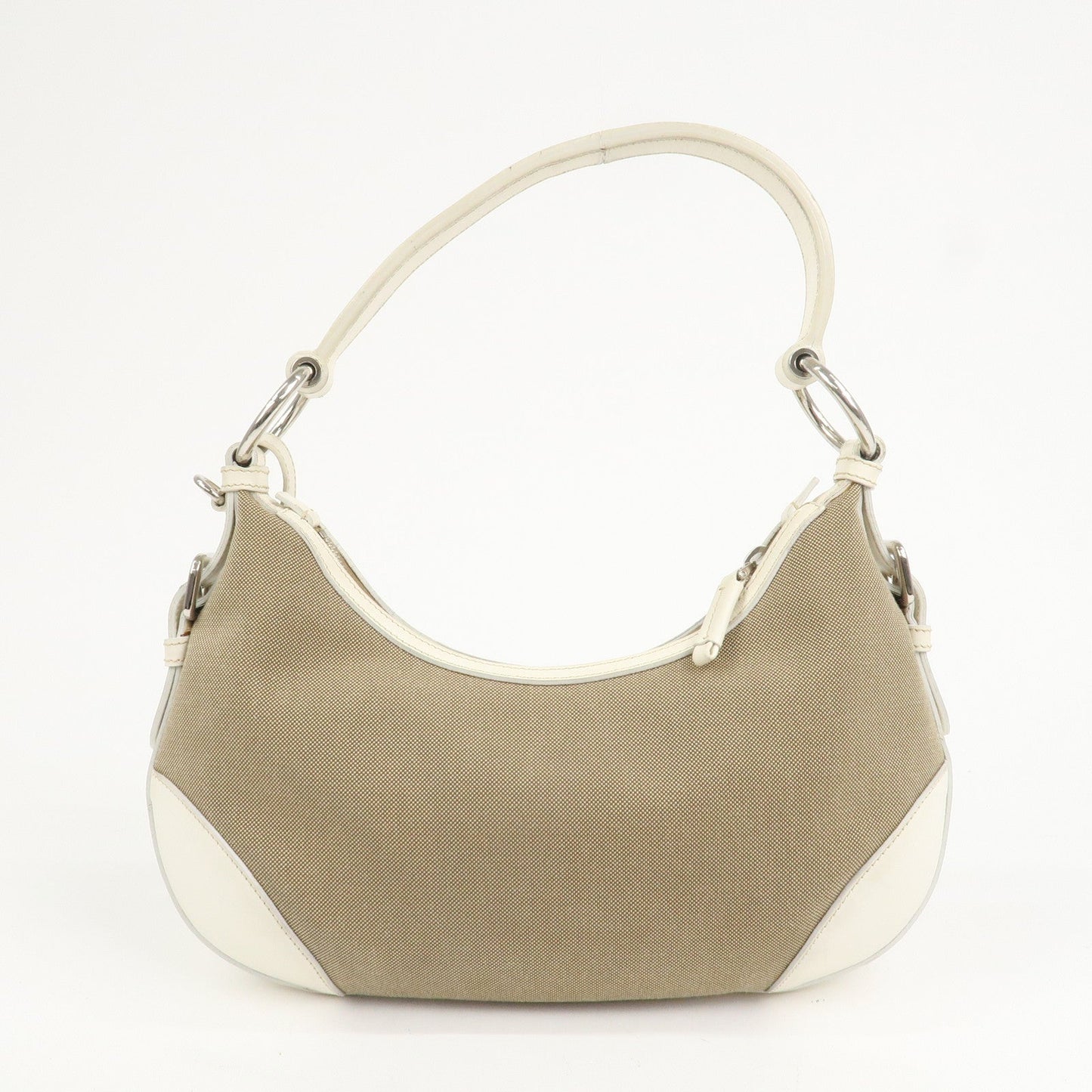 PRADA Logo Canvas Leather Shoulder Bag Hand Bag Beige White BR3429