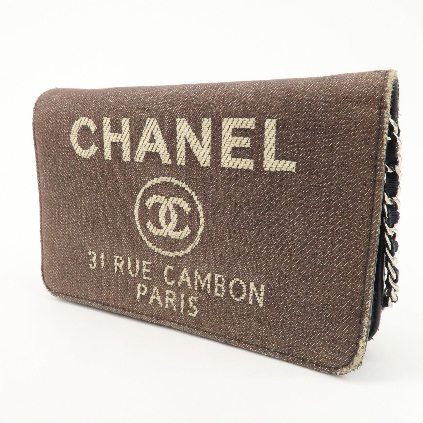 CHANEL Deauville Denim Chain Wallet Navy Brown Silver HDW A80795  d