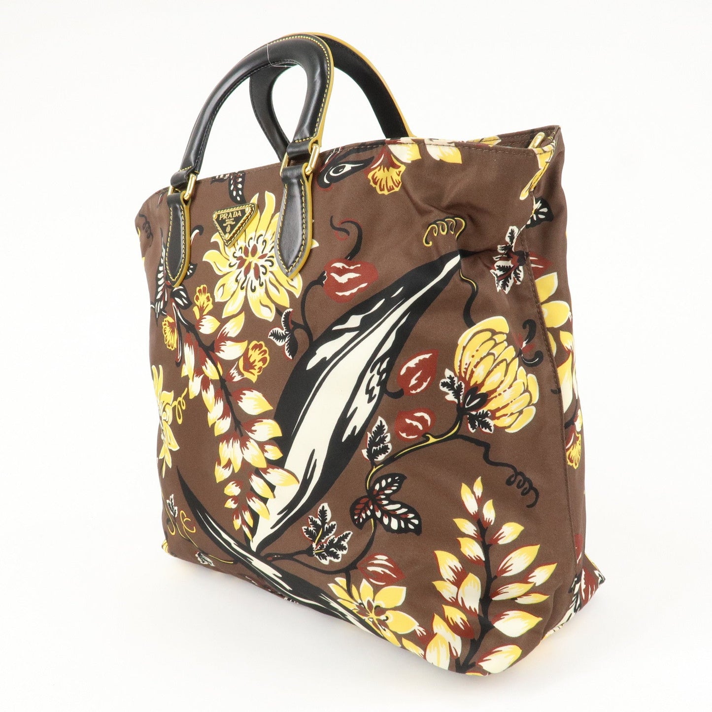 PRADA Triangle Logo Nylon Leather 2Way Bag Shoulder Bag Hand Bag Floral Print Brown Yellow BN2741  d