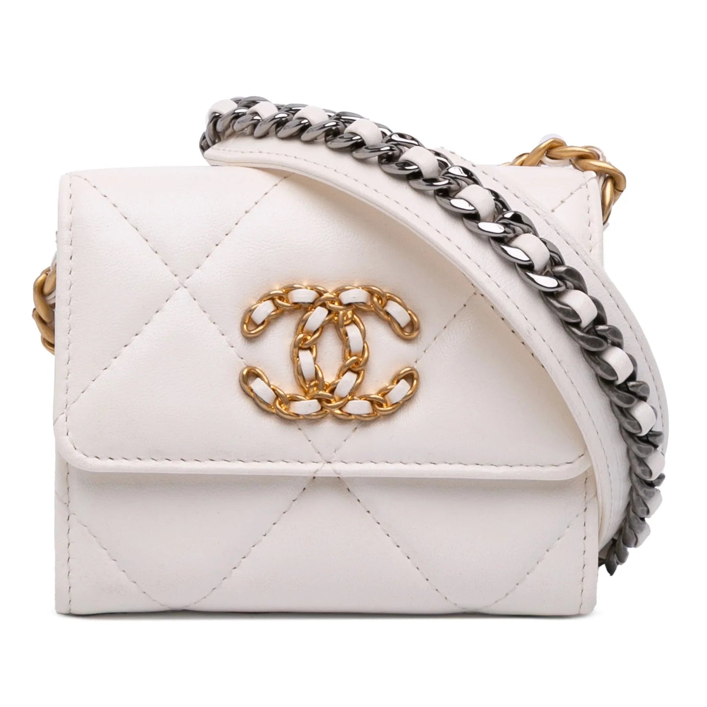 White Chanel Quilted Lambskin Chanel 19 Card Holder On Chain Crossbody Bag