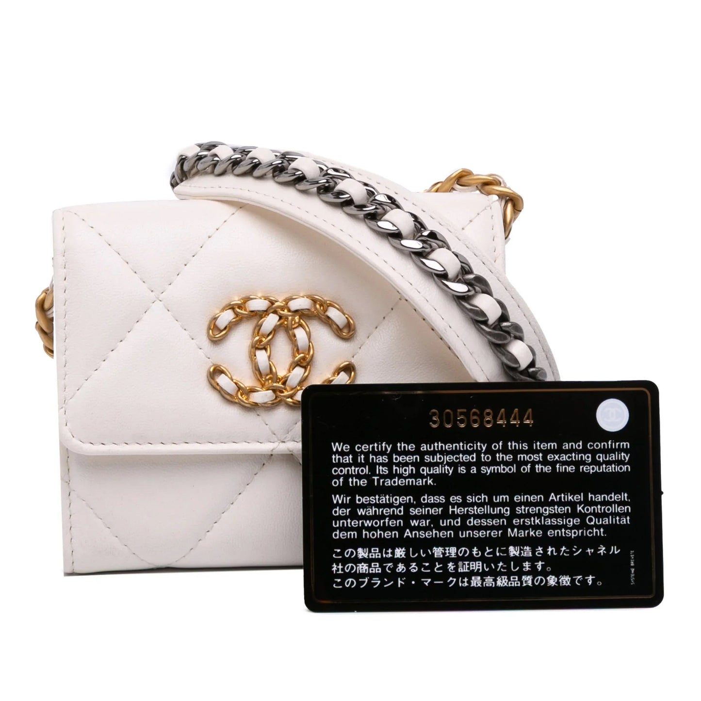 White Chanel Quilted Lambskin Chanel 19 Card Holder On Chain Crossbody Bag