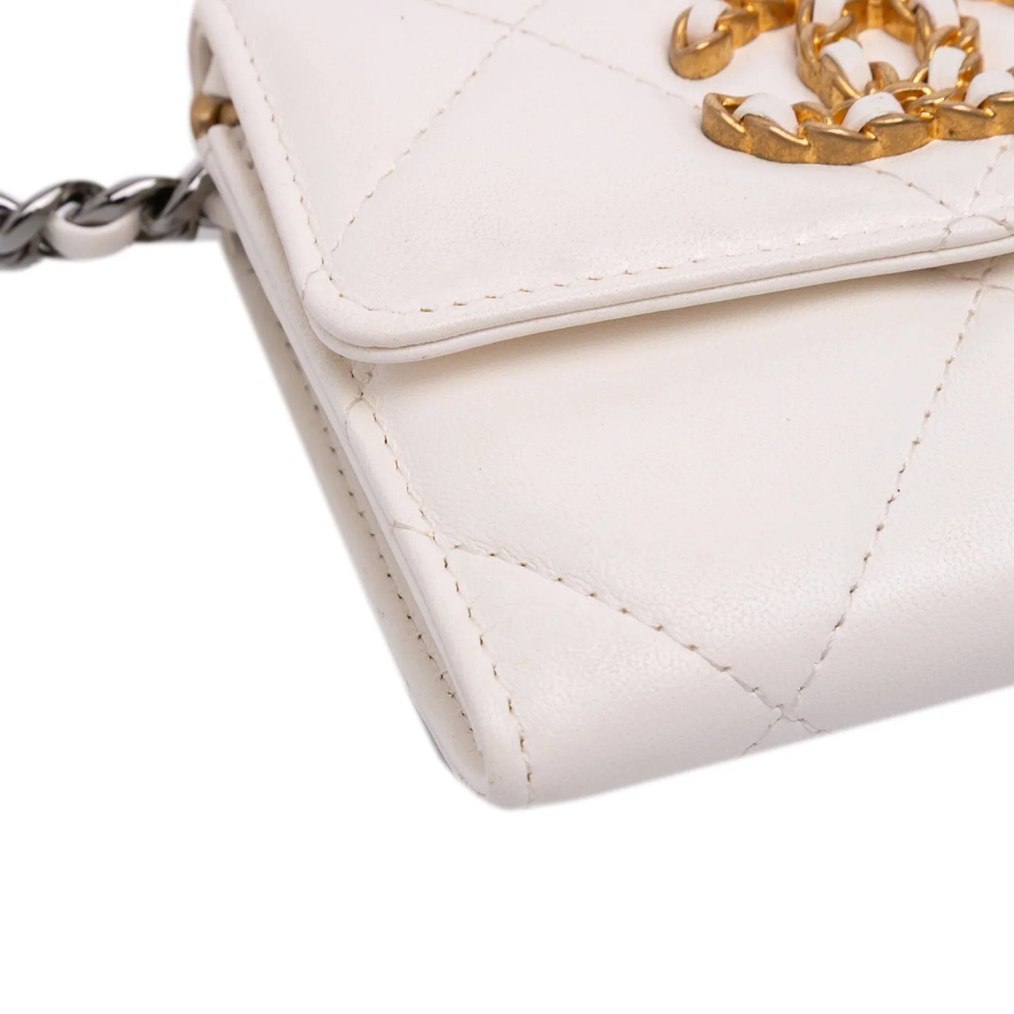 White Chanel Quilted Lambskin Chanel 19 Card Holder On Chain Crossbody Bag