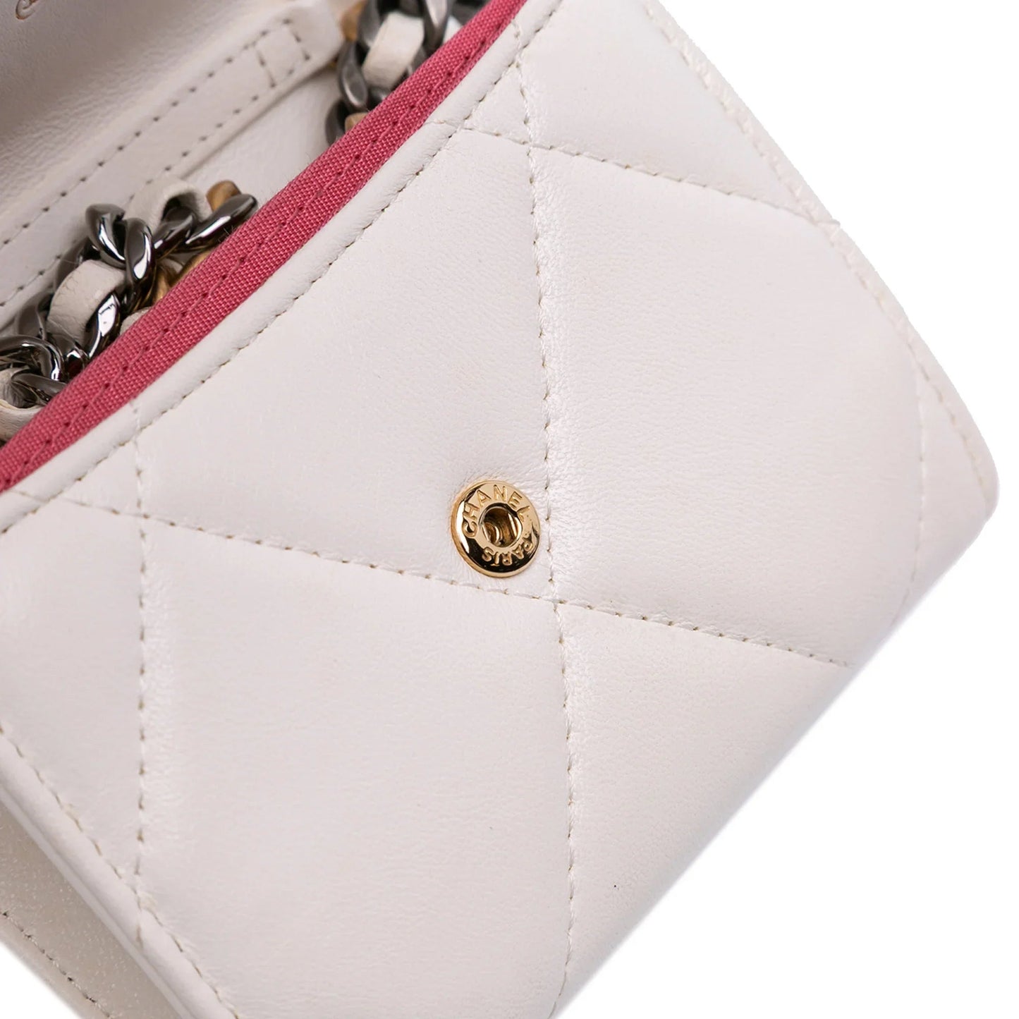 White Chanel Quilted Lambskin Chanel 19 Card Holder On Chain Crossbody Bag