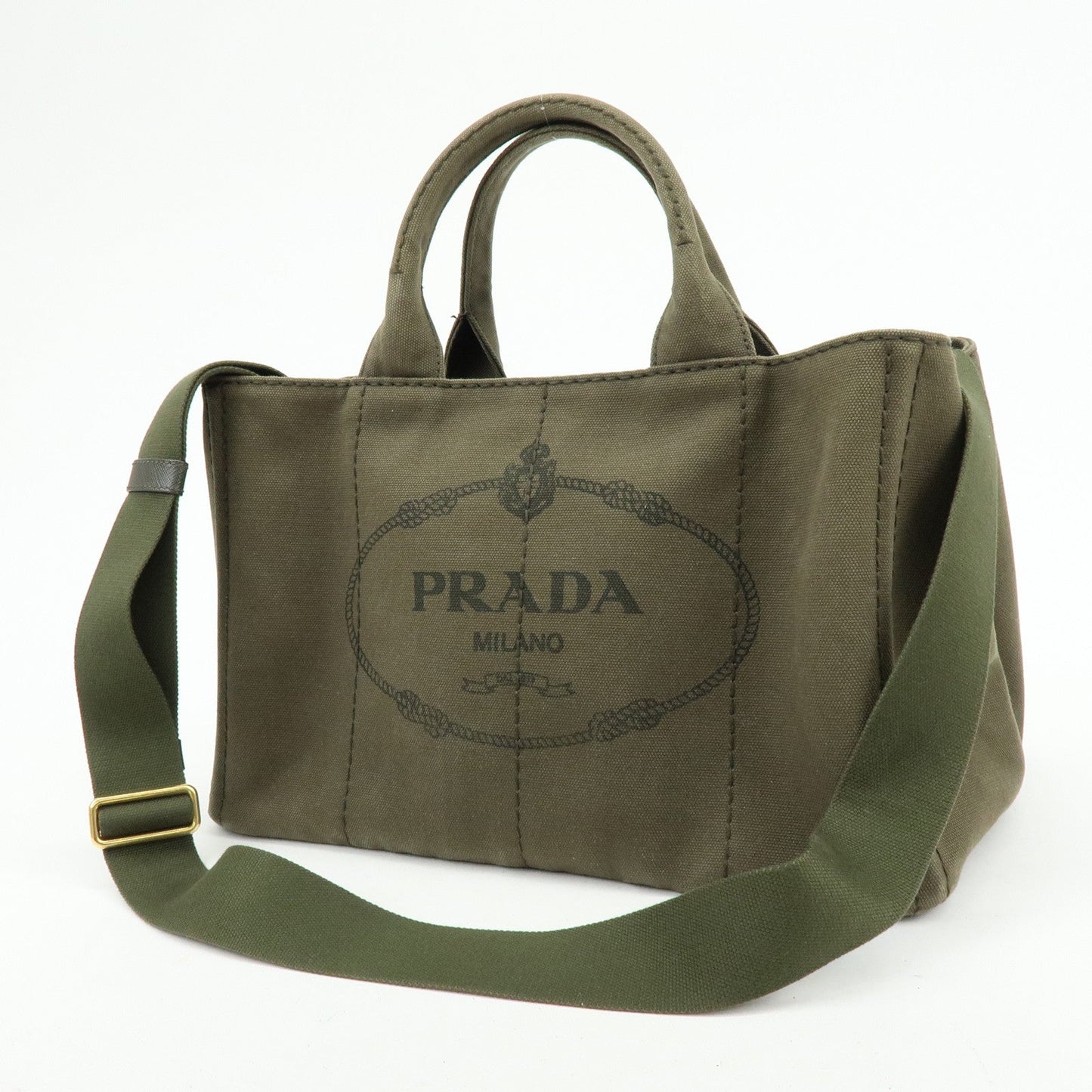 PRADA Logo Canapa Canvas Tote Bag Hand Bag Khaki 1BG642