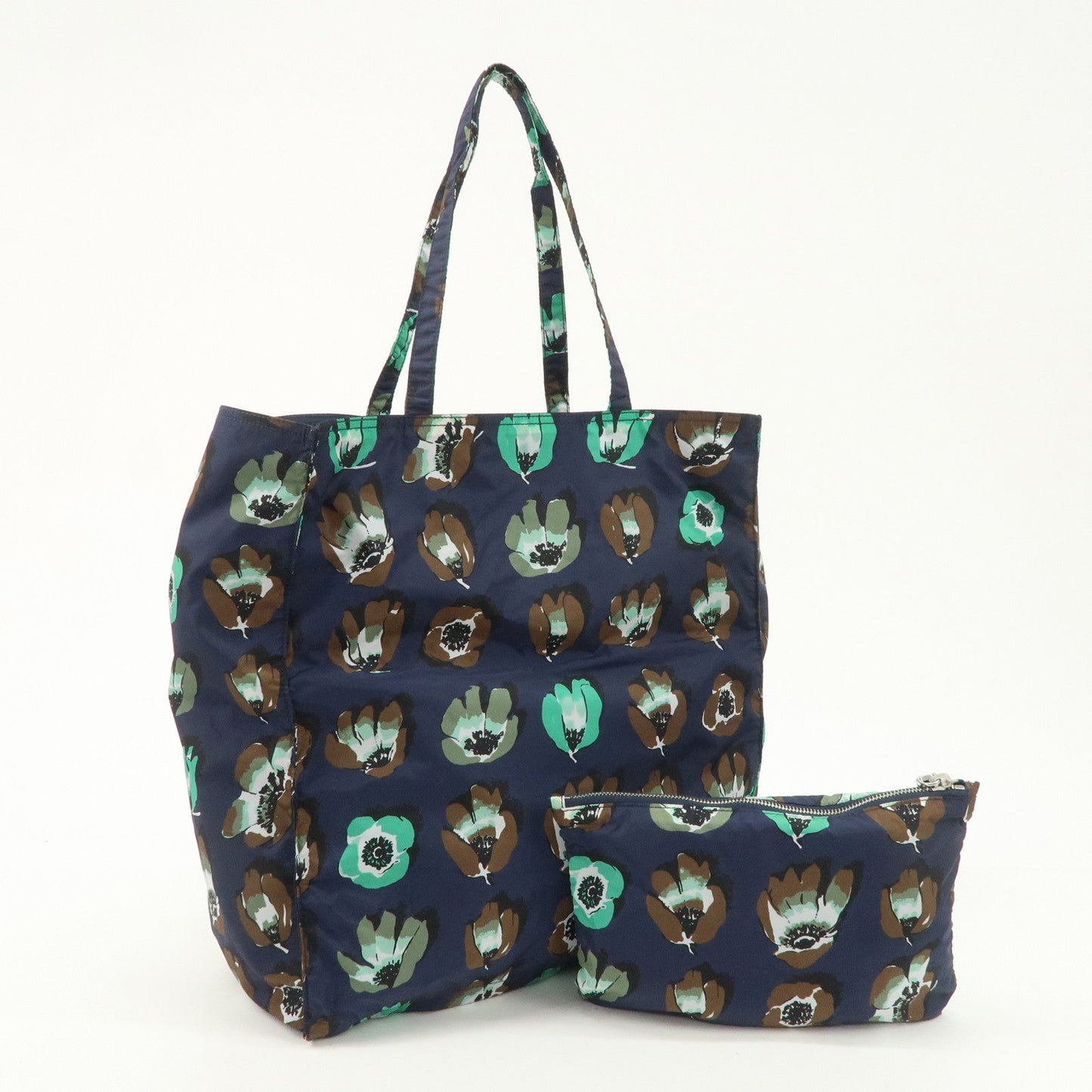 PRADA Triangle Logo Nylon Tote Bag w/Pouch Flower Print Navy B4626B  d