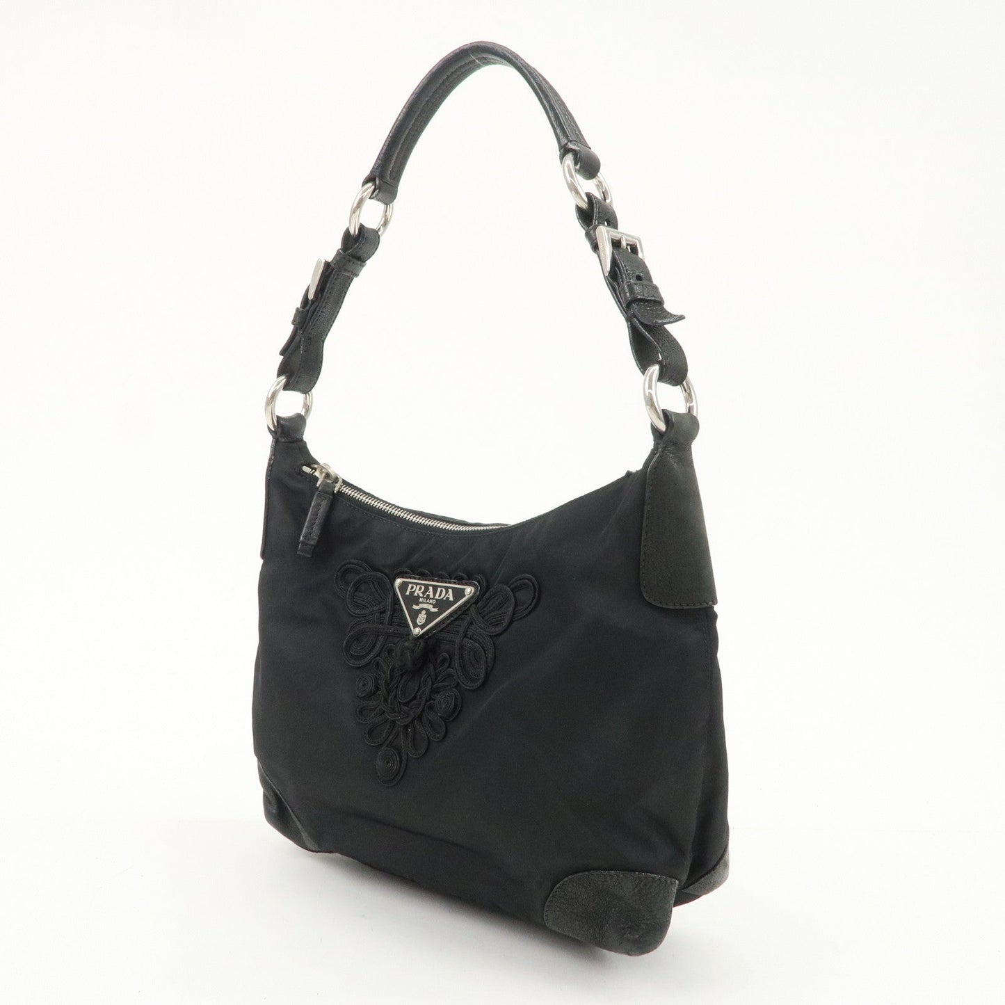 PRADA Triangle Logo Leather Nylon Shoulder Bag Hand Bag Black  d