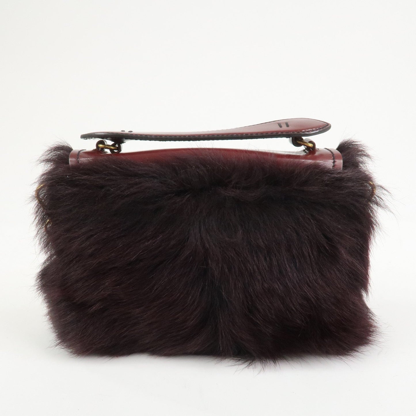 PRADA Leather Fur Chain Shoulder Bag Crossbody Bag Brown BP0368