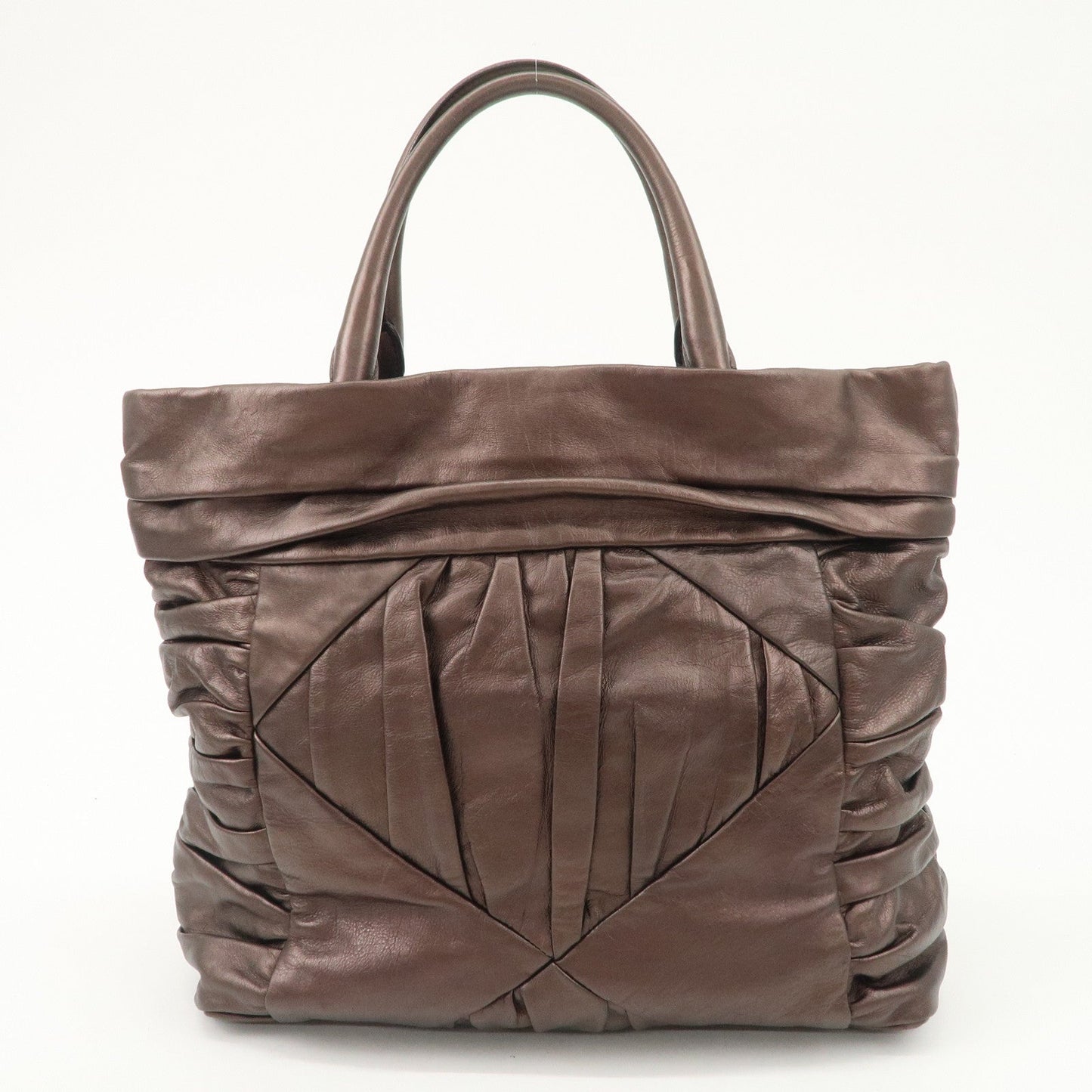 Prada Gathered Leather Tote Bag Hand Bag Bronze Silver HDW BN1719  d