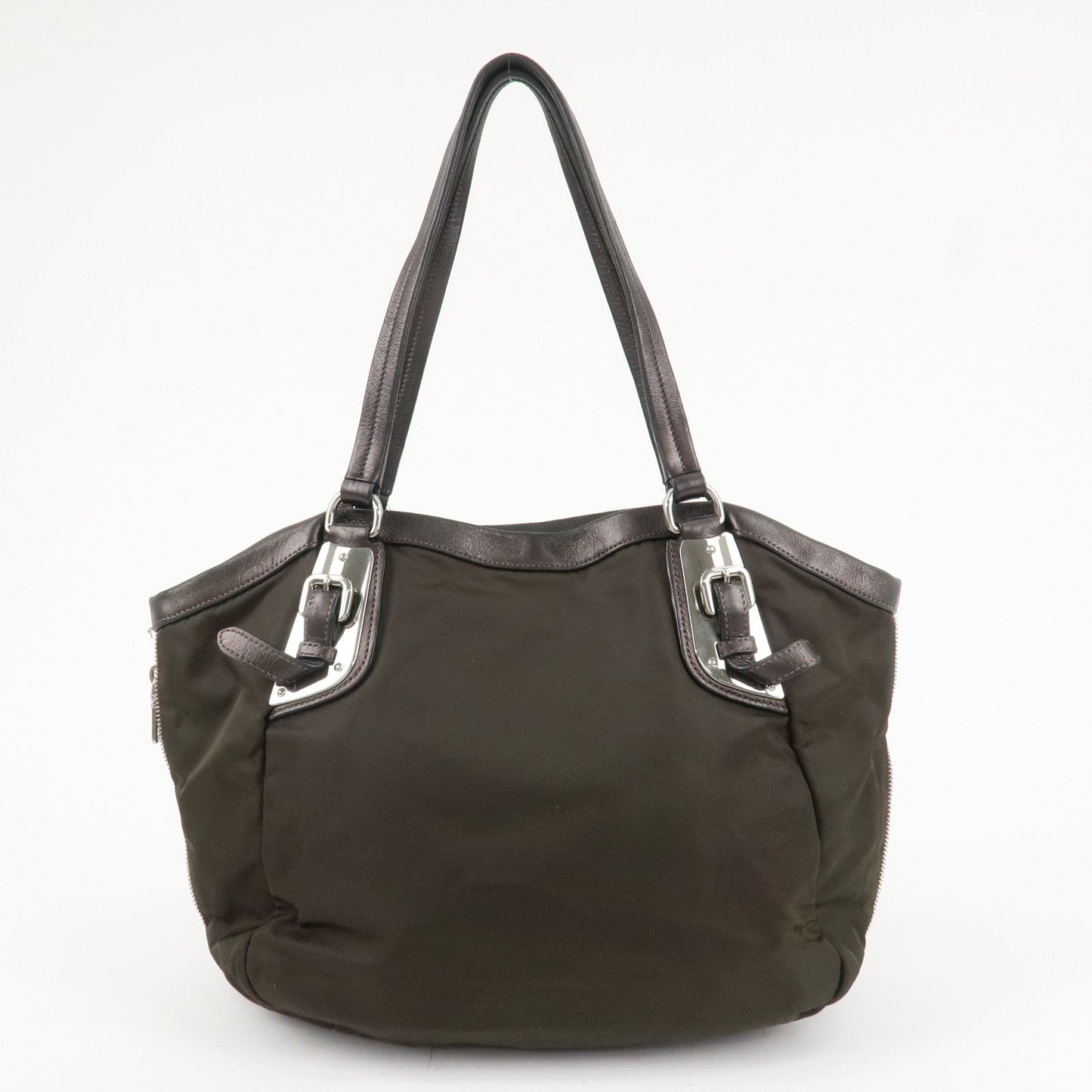 PRADA Logo Nylon Leather Tote Bag Shoulder Bag Khaki Metallic Brown  d