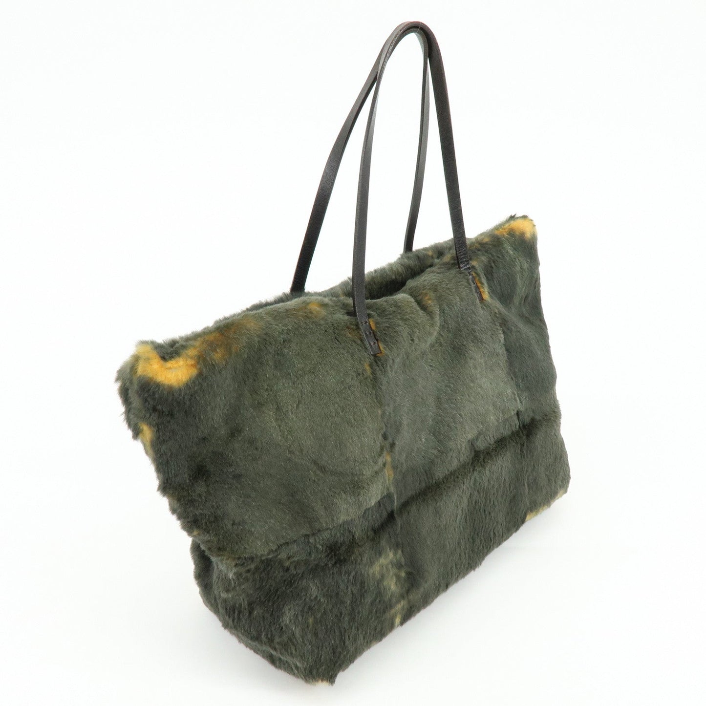 FENDI Fur Leather Tote Bag Hand Bag Brown Yellow 8BH005