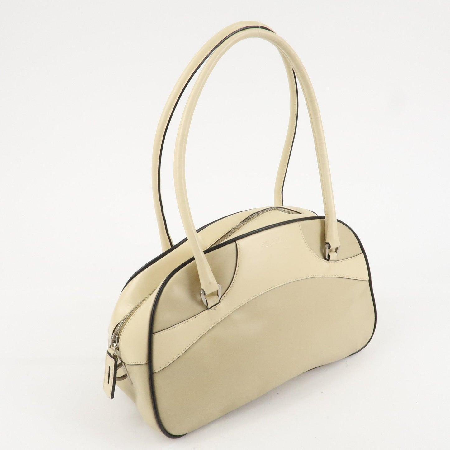 PRADA Leather Bowling Bag Boston Bag Ivory Silver Hardware BL0049  d