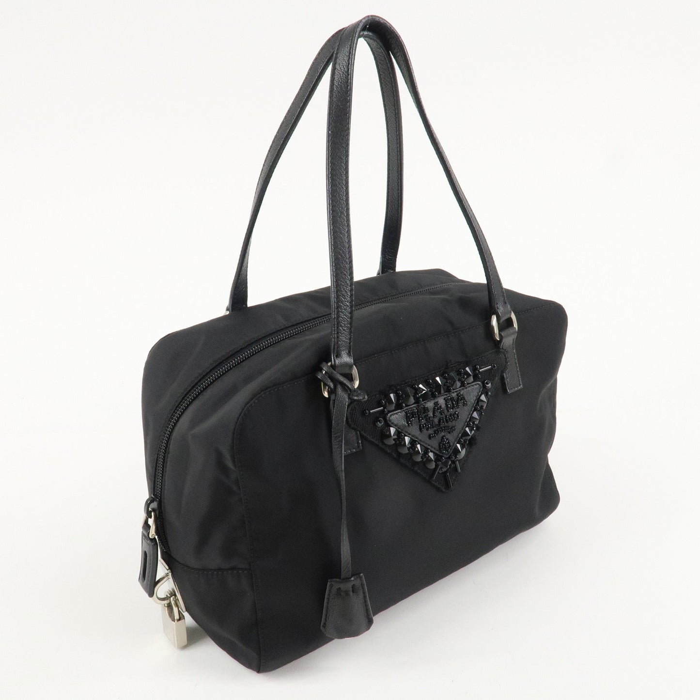 PRADA Evening Triangle Logo Leather Nylon Bijou Boston Bag Shoulder Bag  d