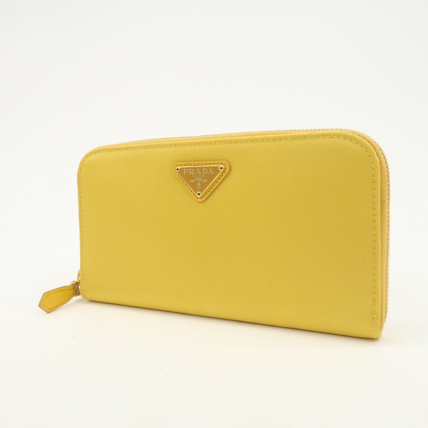 PRADA Triangle Logo Nylon Leather Round Zippy Long Wallet Yellow