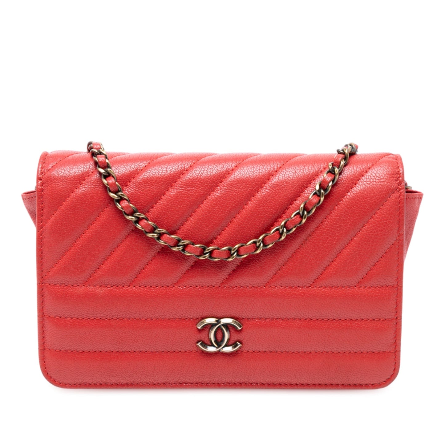 Red Chanel Quilted Goatskin Diagonal Wallet On Chain Crossbody Bag