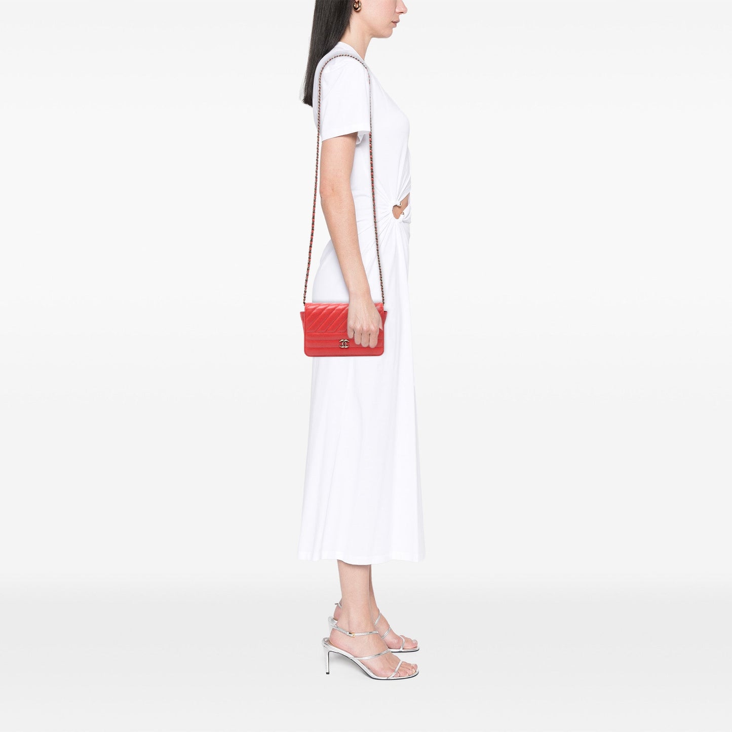 Red Chanel Quilted Goatskin Diagonal Wallet On Chain Crossbody Bag