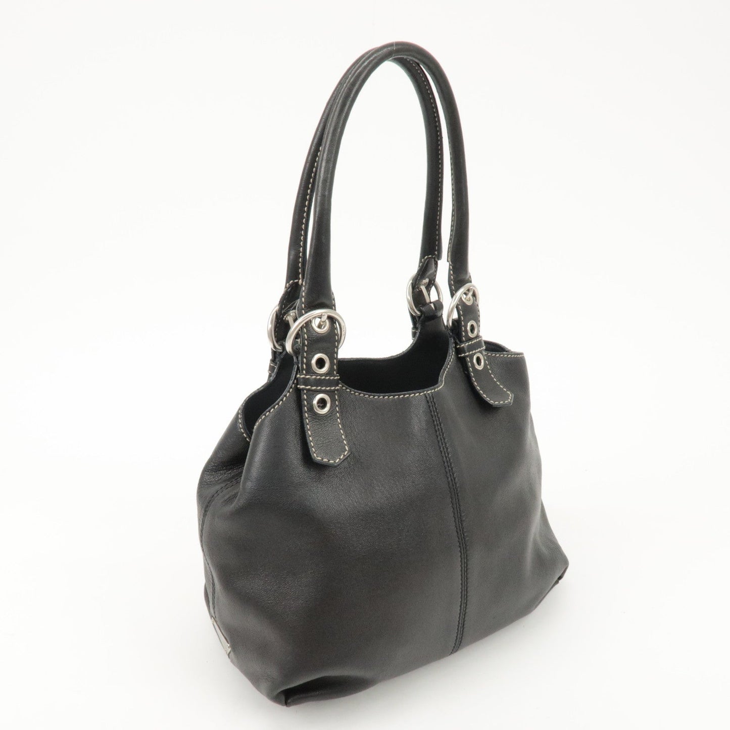 PRADA Triangle Logo Leather Tote Bag Hand Bag Black  d