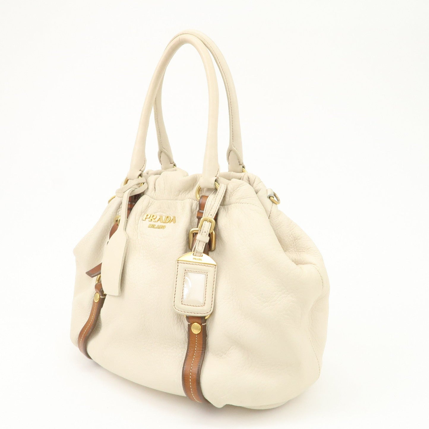 PRADA Leather 2Way Bag Tote Bag Brown White BN1773  d