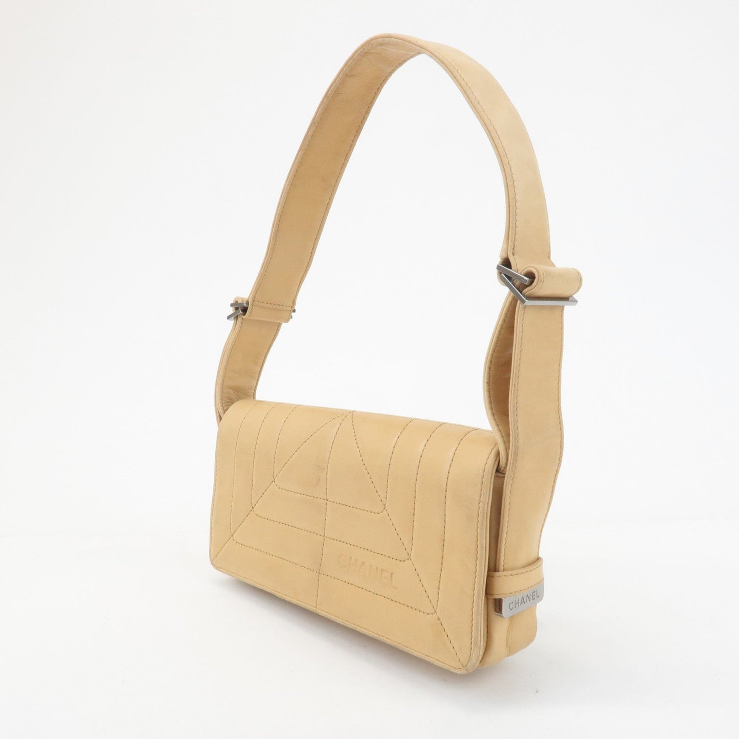 CHANEL Lamb Skin Shoulder Bag Silver Hardware Beige  d