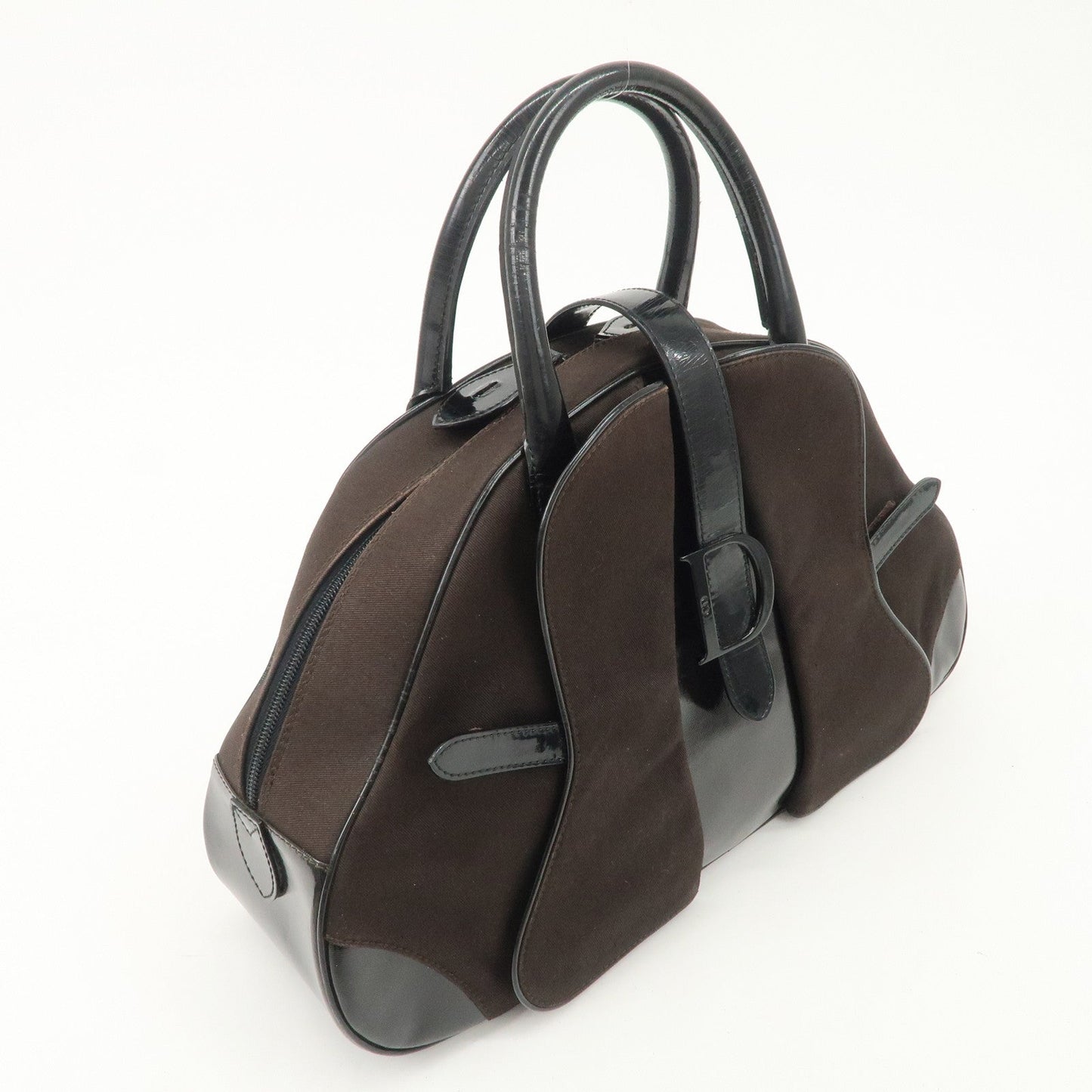 Christian Dior Double Saddle Canvas Patent Leather Hand Bag  d