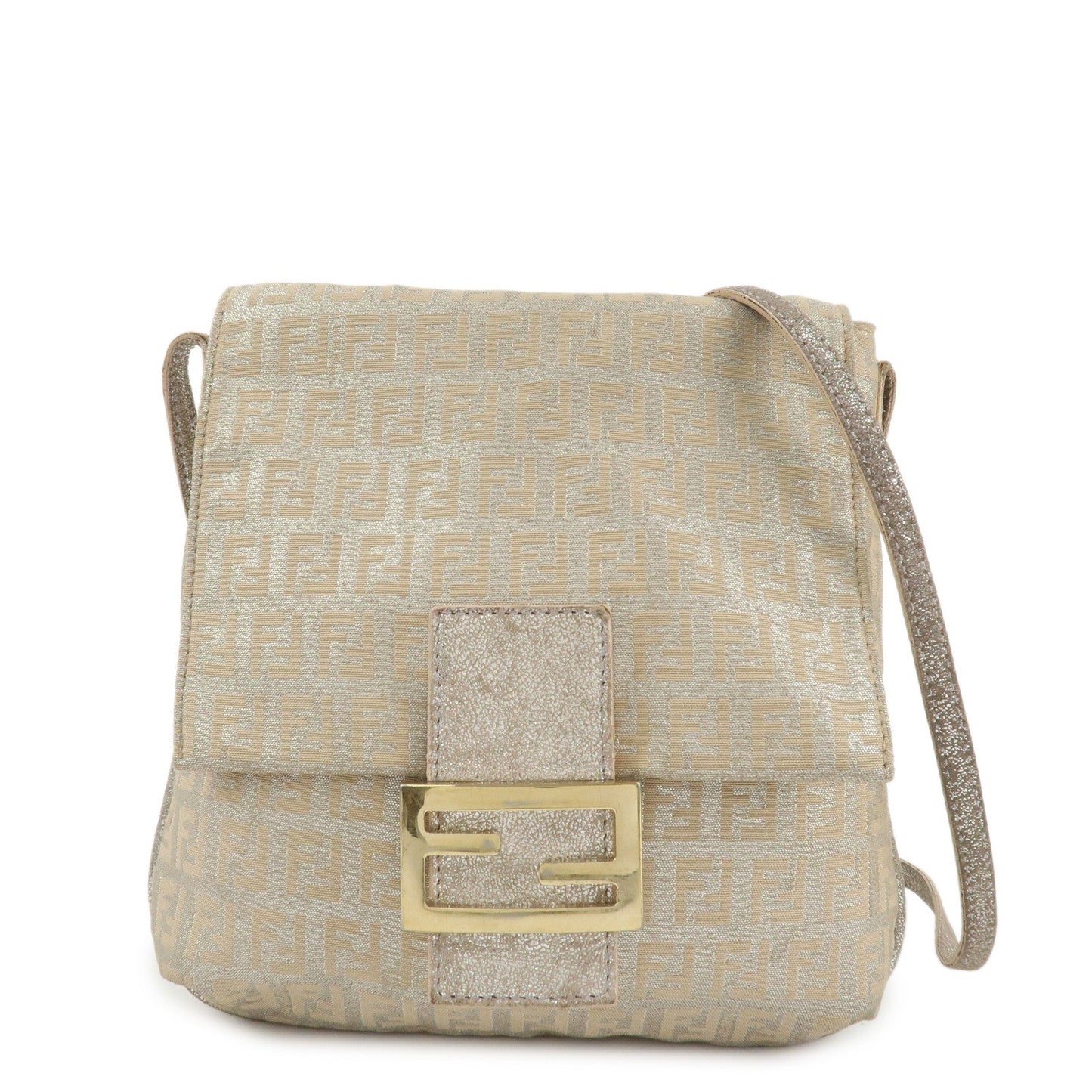 FENDI Zucchino Canvas Leather Shoulder Bag Silver Beige 8BT075  d
