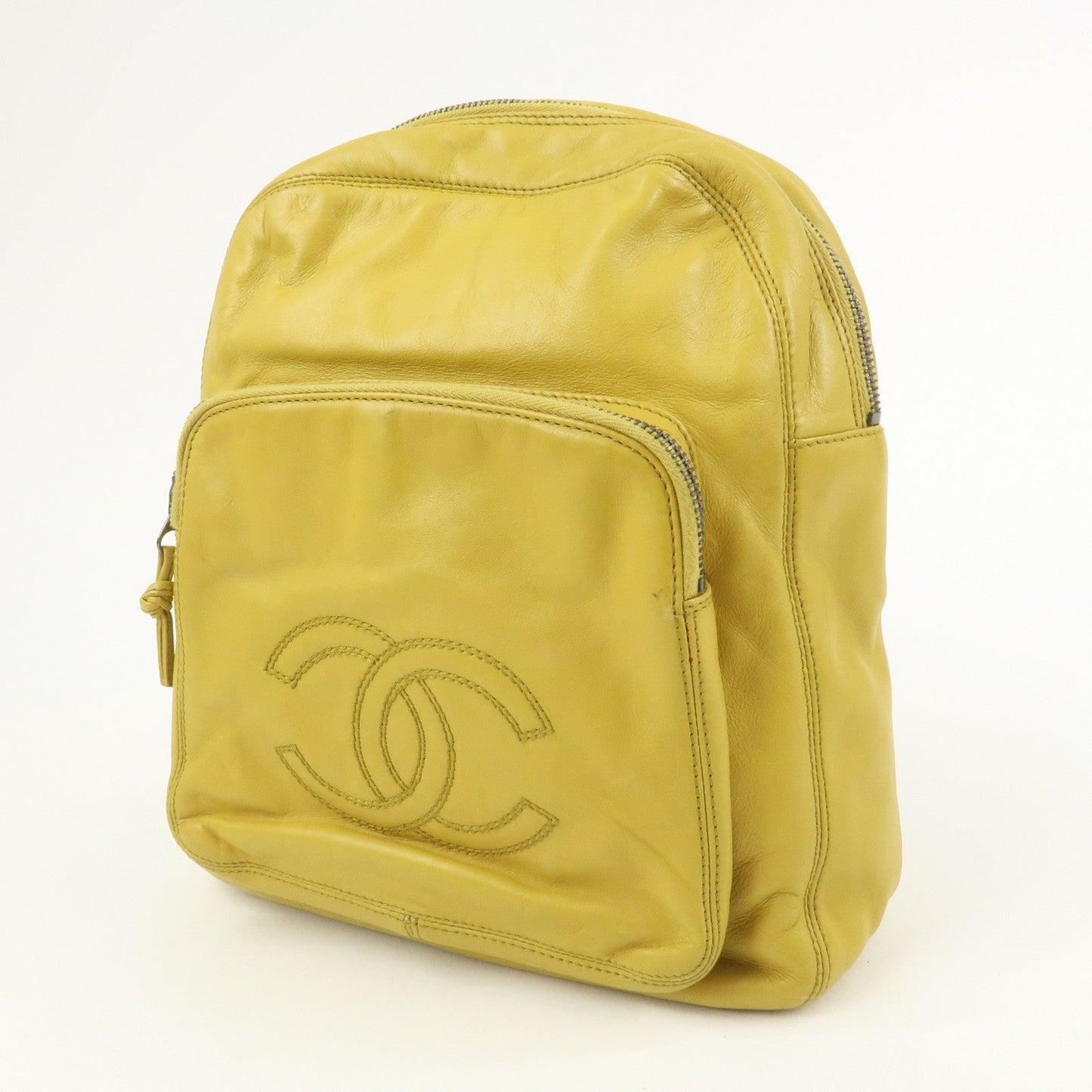 CHANEL COCO Mark Lamb Skin Back Pack Ruck Suck Yellow