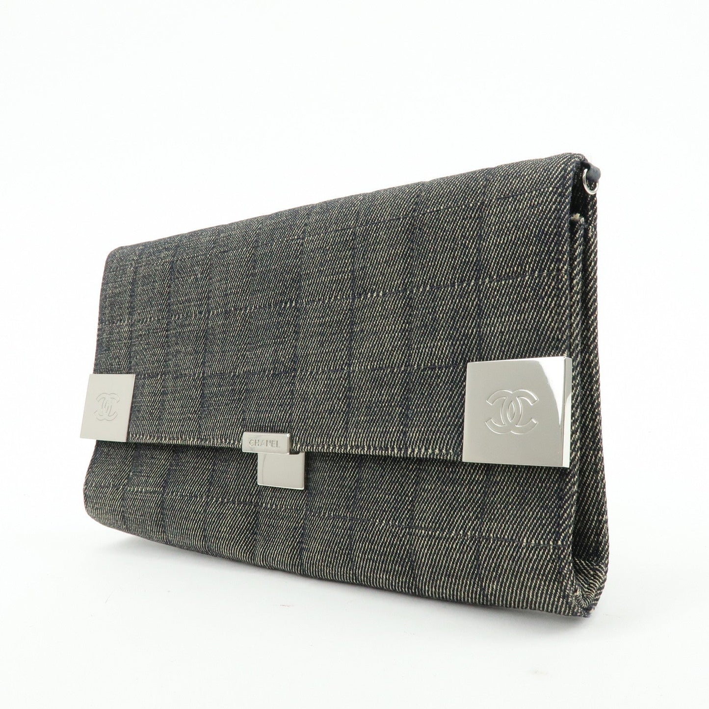 CHANEL Chocolate Bar COCO Mark Denim Clutch Bag Black