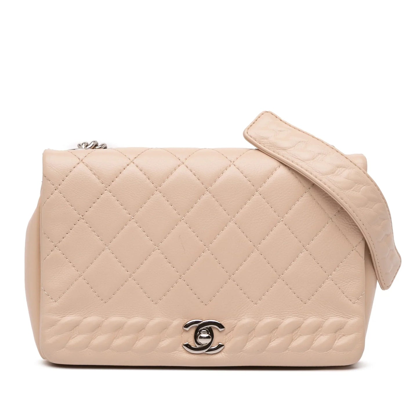 Tan Chanel Quilted Calfskin Chain Embossed Flap Crossbody Bag