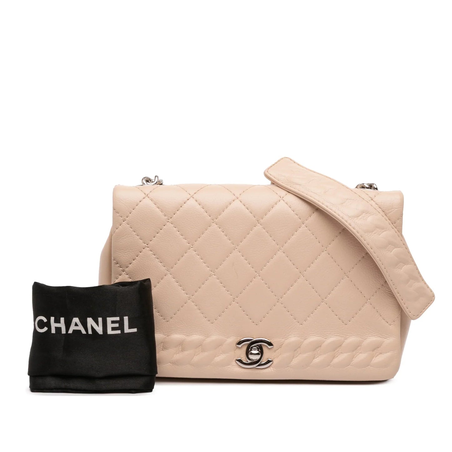 Tan Chanel Quilted Calfskin Chain Embossed Flap Crossbody Bag