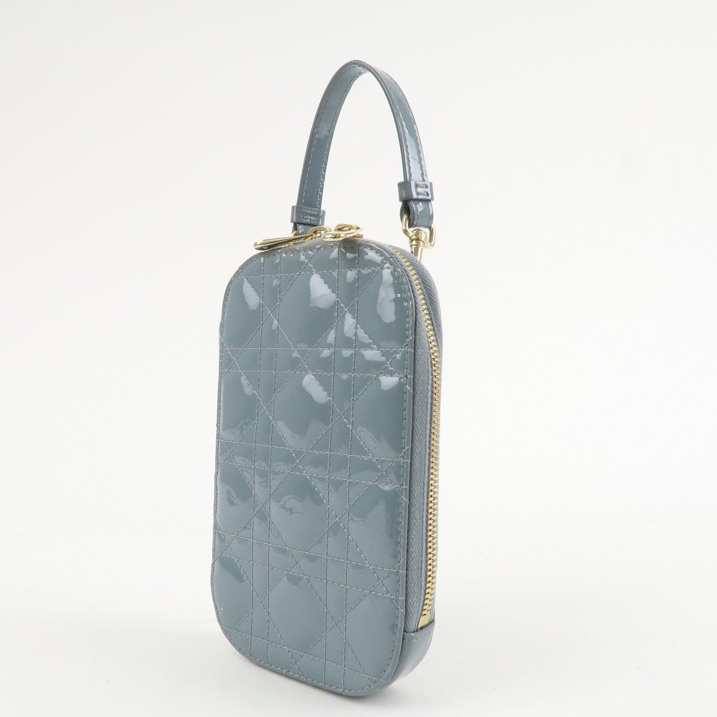 Christian Dior Lady Dior Cannage Patent Leather Phone Holder Light Blue  d
