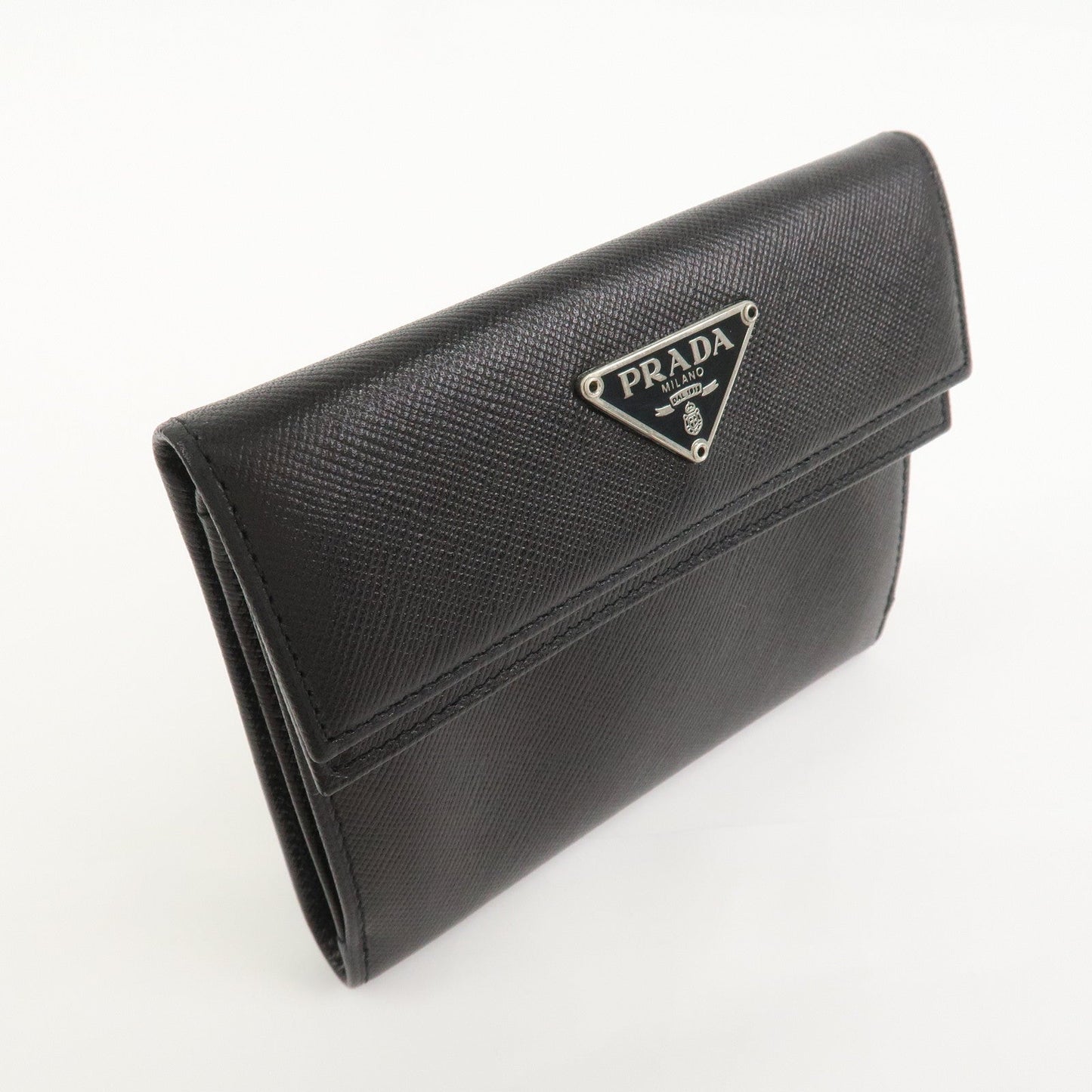 PRADA Triangle Logo Saffiano Leather Compact Wallet Black M53X