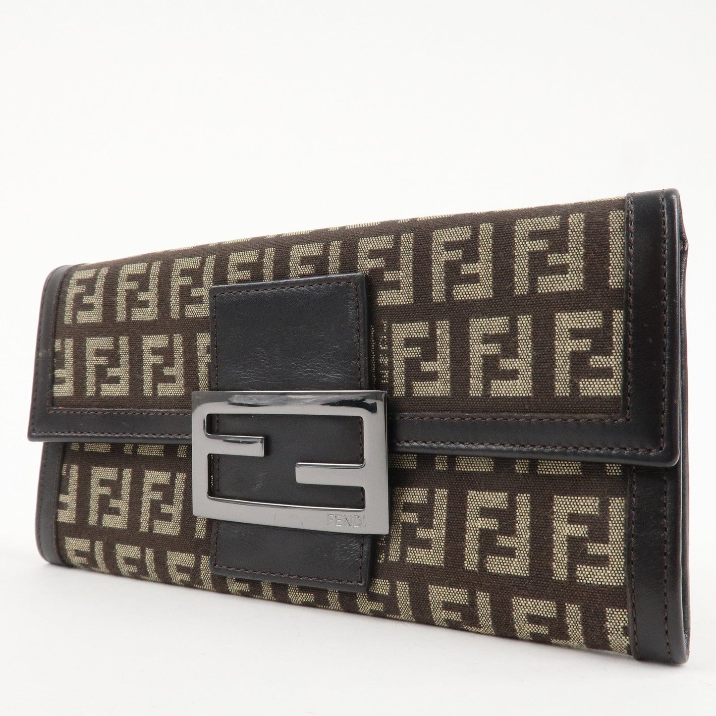 FENDI Zucchino Canvas Leather Bi-Fold Long Wallet Dark Brown 8M0021  d