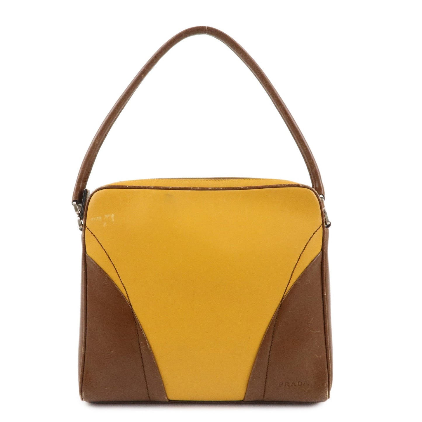 PRADA Leather Shoulder Bag Hand Bag Bi-color Mustard Brown  d