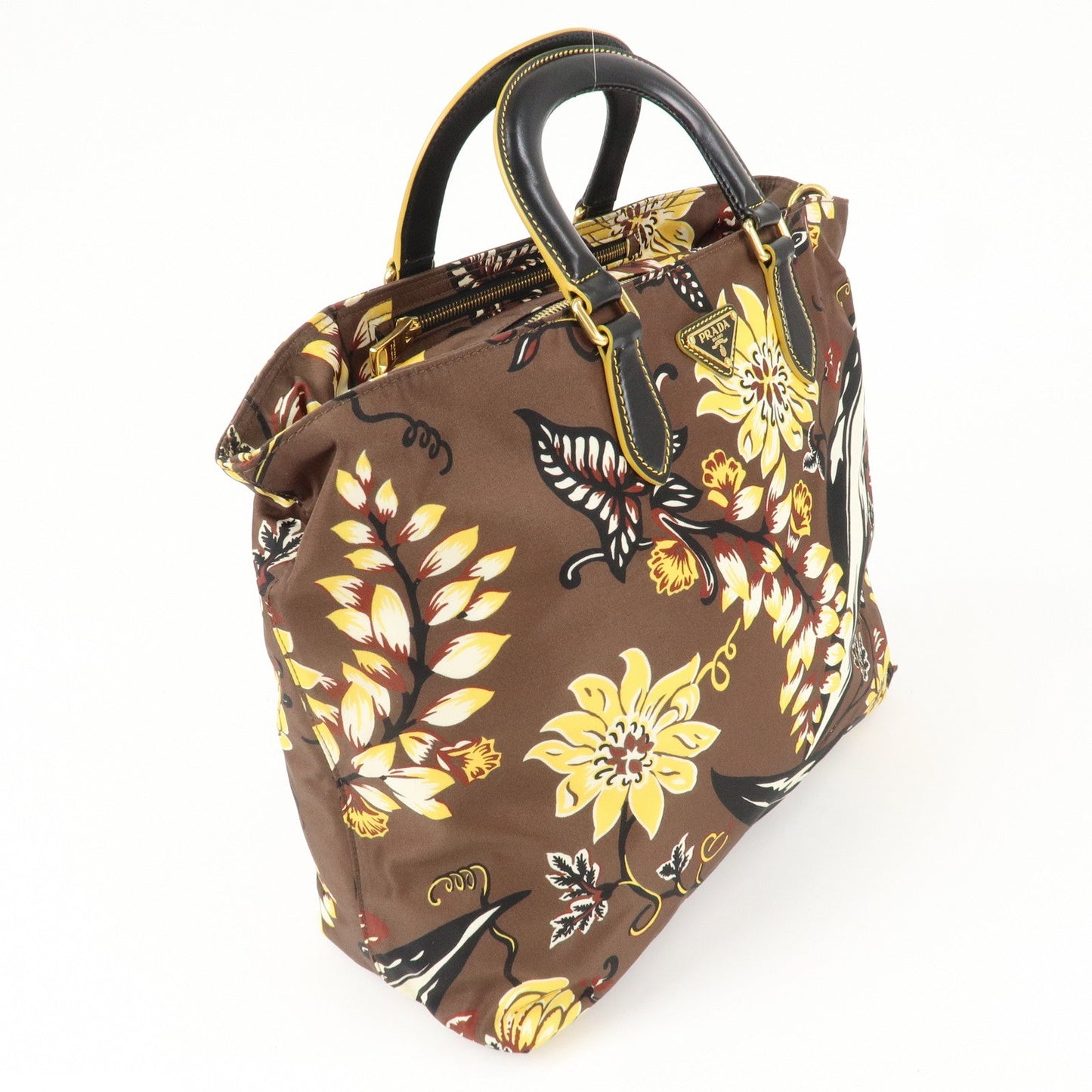 PRADA Triangle Logo Nylon Leather 2Way Bag Shoulder Bag Hand Bag Floral Print Brown Yellow BN2741  d