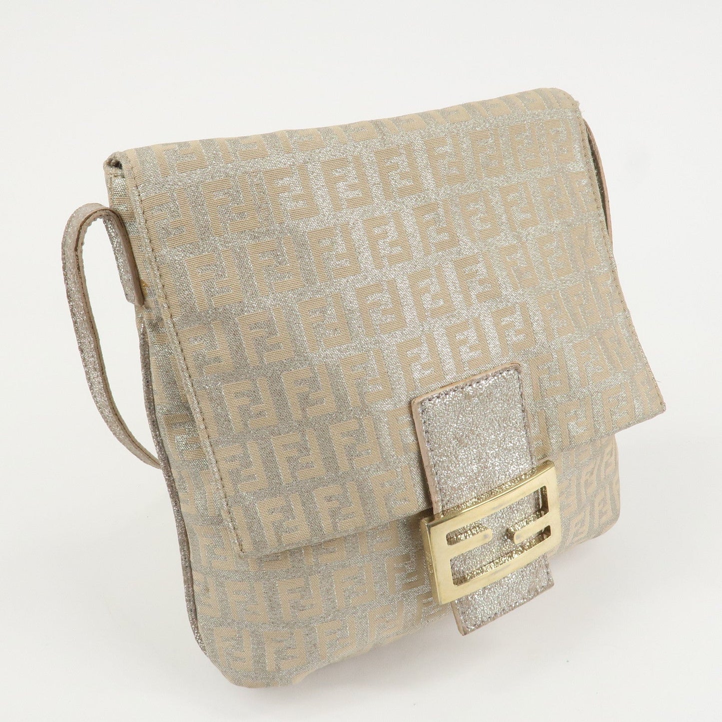 FENDI Zucchino Canvas Leather Shoulder Bag Silver Beige 8BT075  d