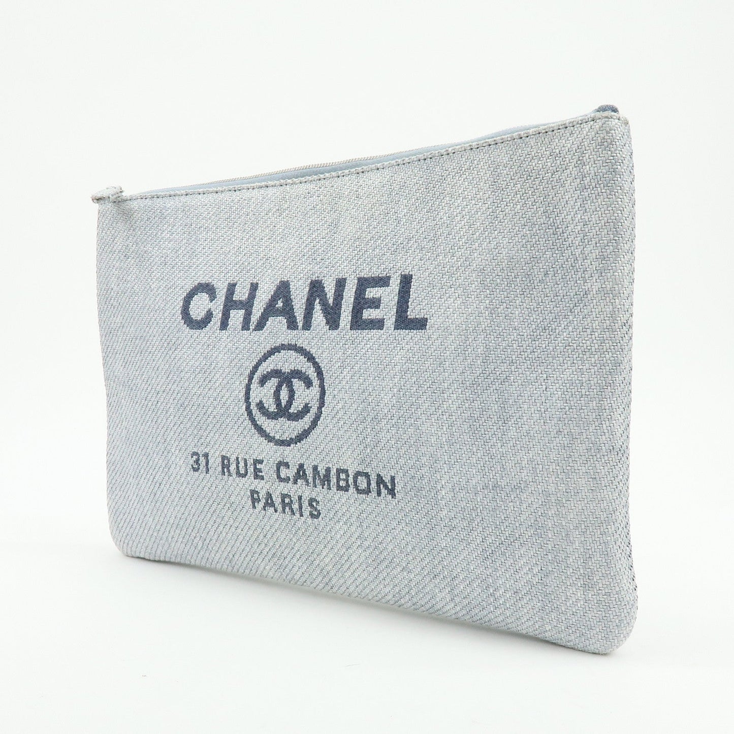 CHANEL Deauville COCO Mark Straw Clutch Bag Pouch Gray A80117