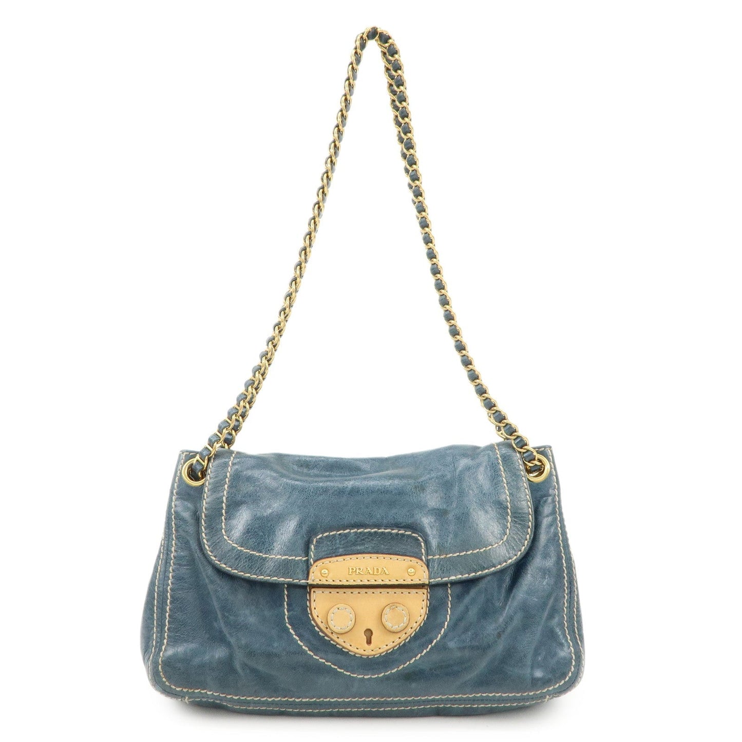 PRADA Leather Chain Shoulder Bag Blue Gold Hardware BR4659  d