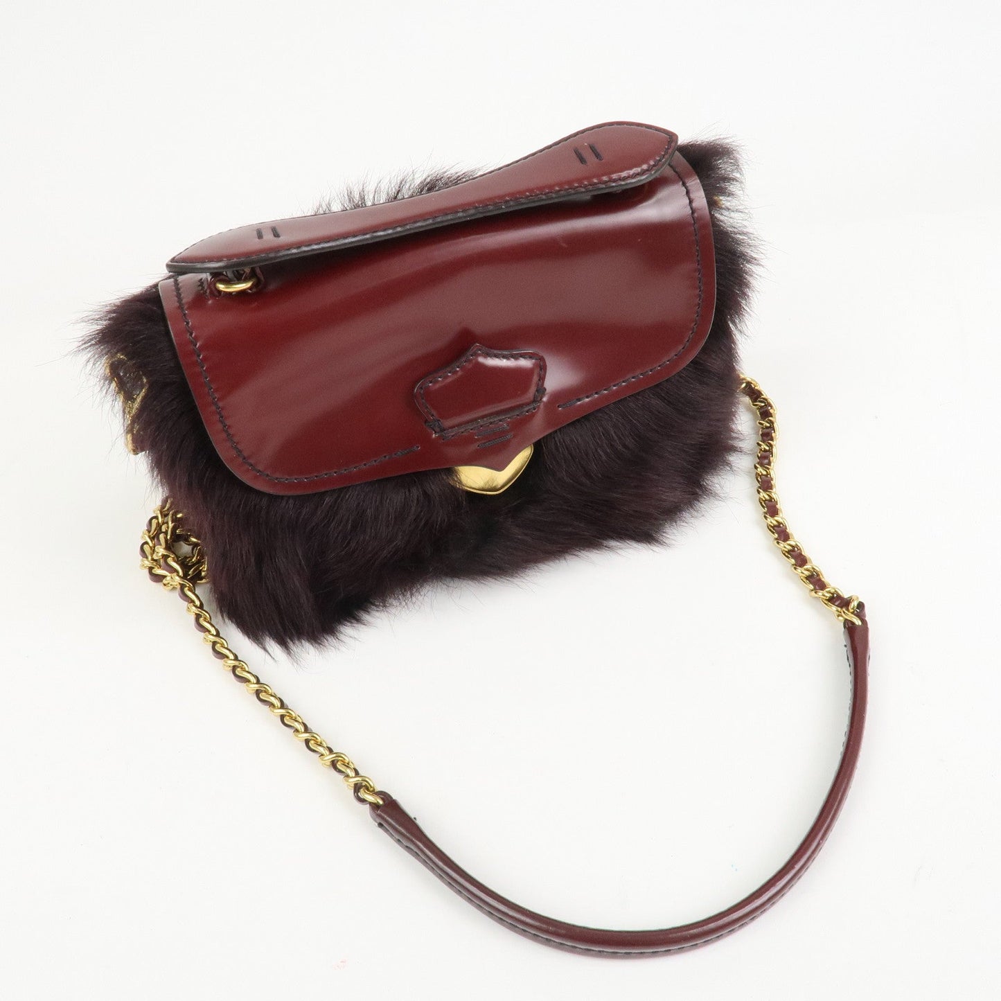 PRADA Leather Fur Chain Shoulder Bag Crossbody Bag Brown BP0368