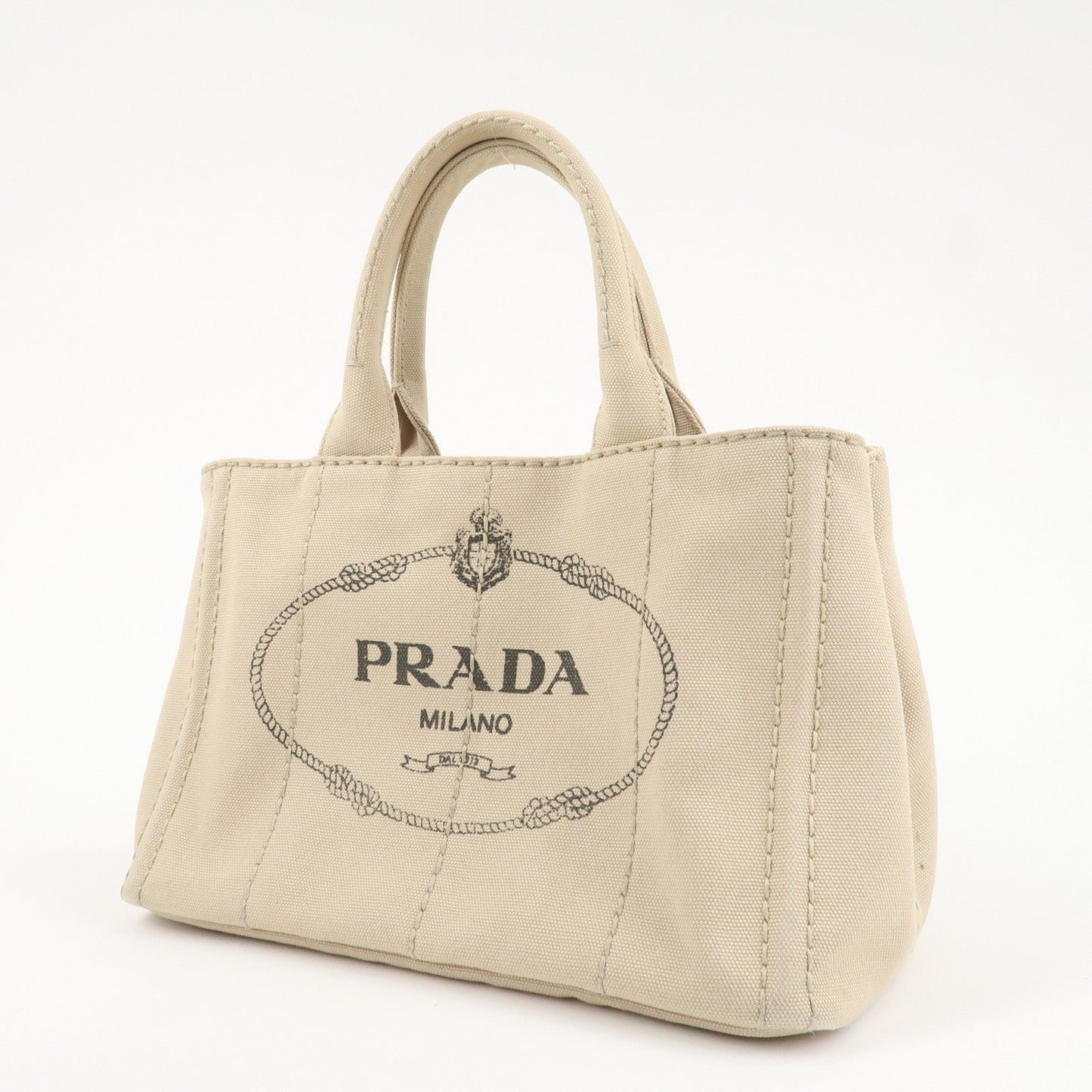 PRADA Logo Canapa Mini Canvas Tote Bag Hand Bag Beige 1BG439  d