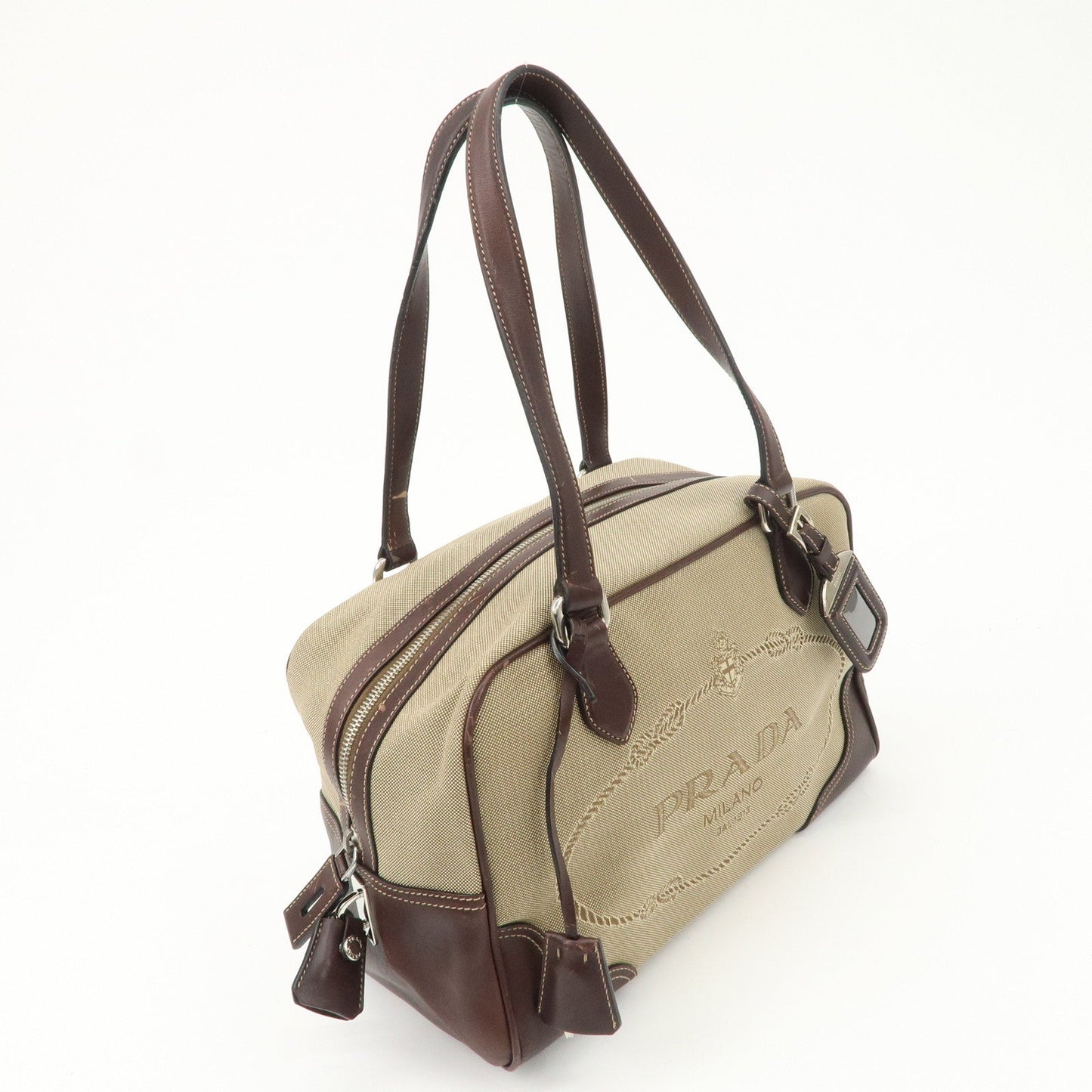 PRADA Logo Jacquard Leather Boston Bag Shoulder Bag Beige BL0260  d