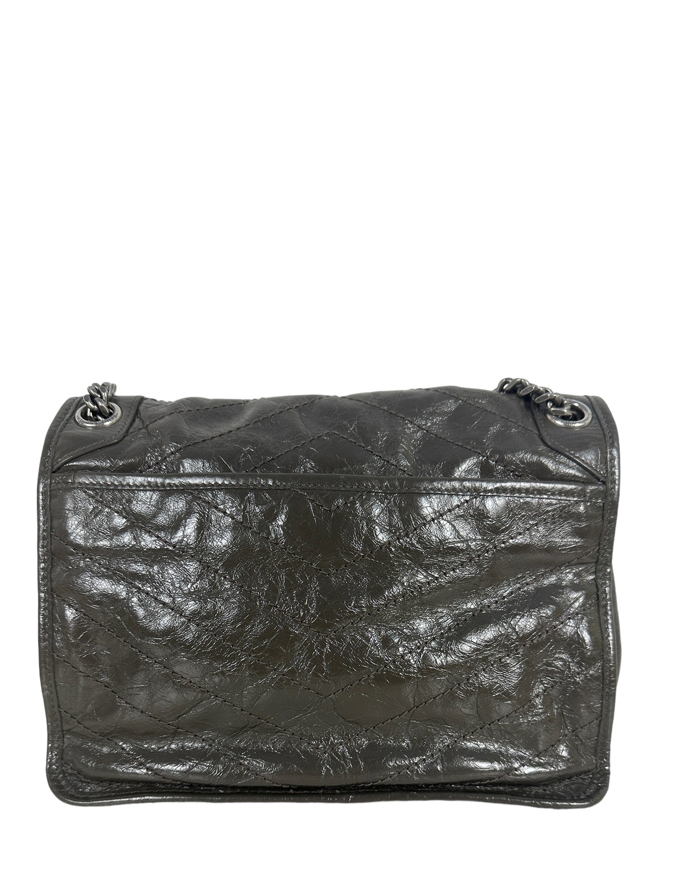Saint Laurent Fog Grey Crinkled Calfskin Matelasse Monogram Medium Niki Chain Satchel