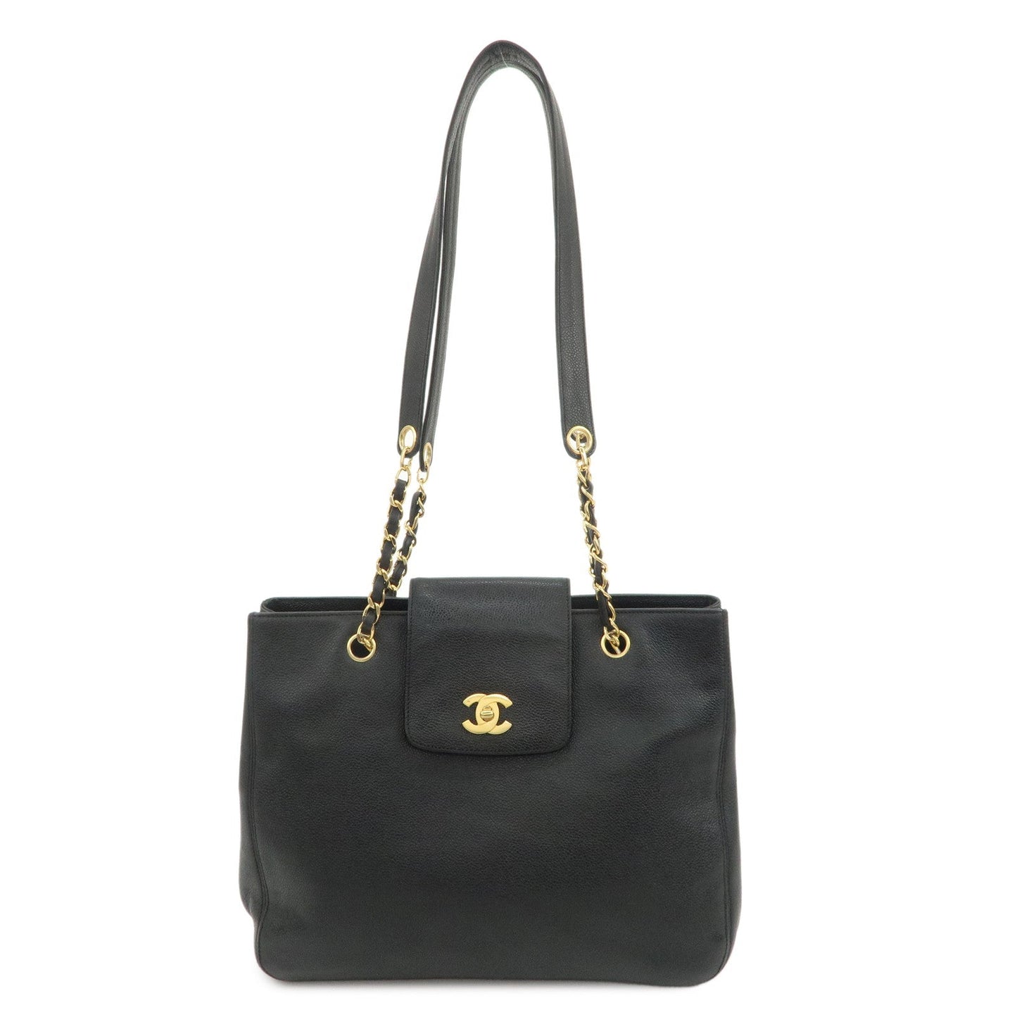 CHANEL COCO Mark Caviarskin Chain Tote Bag Shoulder Bag Black Gold